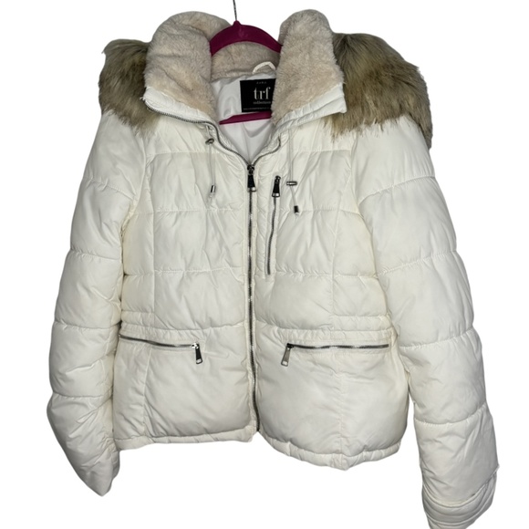 Zara White Puffer Jacket with Faux Fur-Lined Hood - Size M, Good Condition - Picture 1 of 3